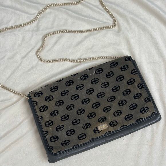 Vintage Bon Goût 70s Velvet Logo Crossbody Gray Black Silver Chain Leather - Picture 1 of 12